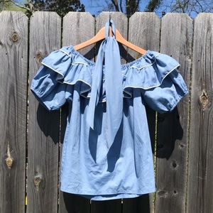 Vintage Powder Blue Ruffle Top w/ Necktie